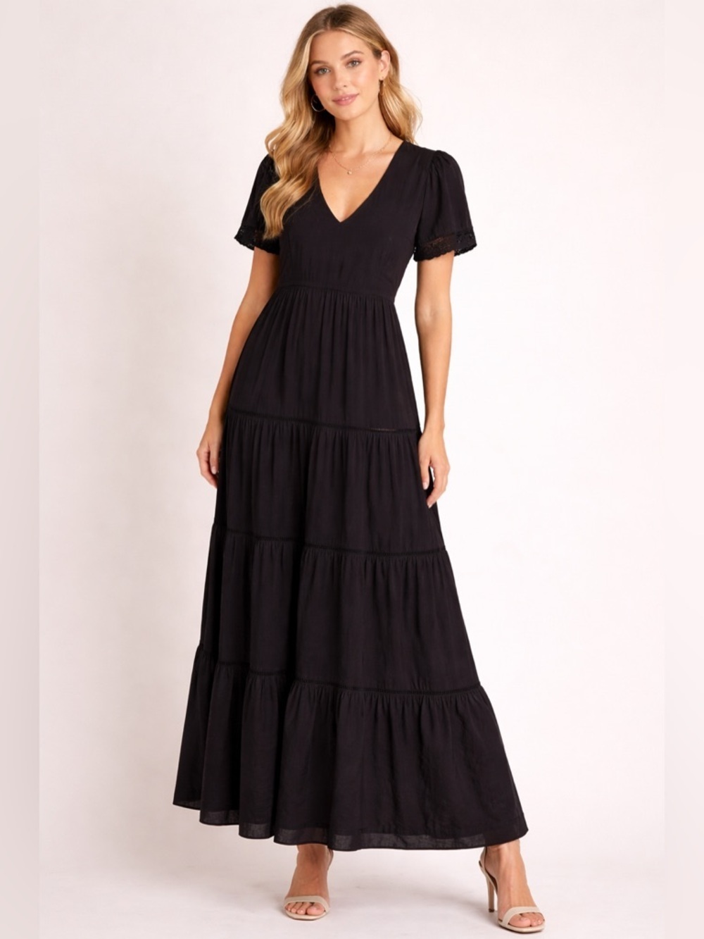 Forever 21 Women's Black Maxi Short Sleeve Crochet Lace Tiered Dress Size XL